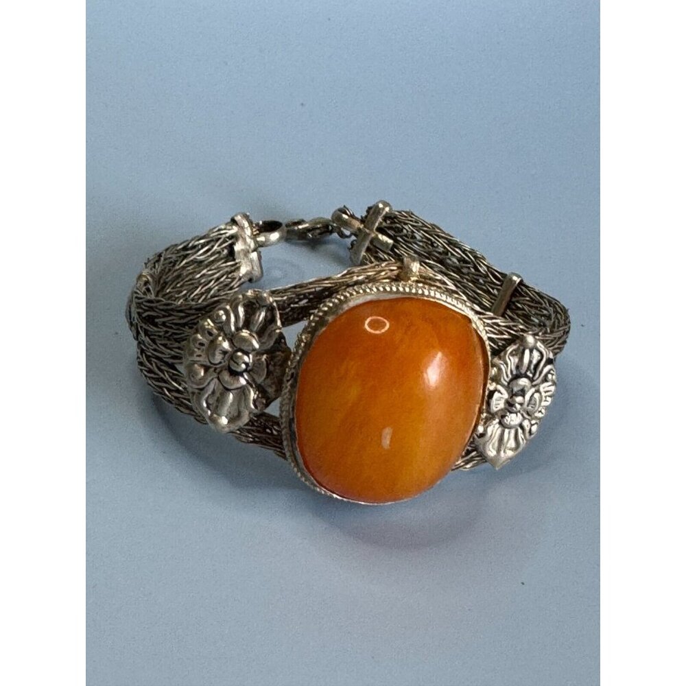 Tibetian Copal Silver Inlay Beeswax Amber Mesh Strand Bracelet - Picture 2 of 8